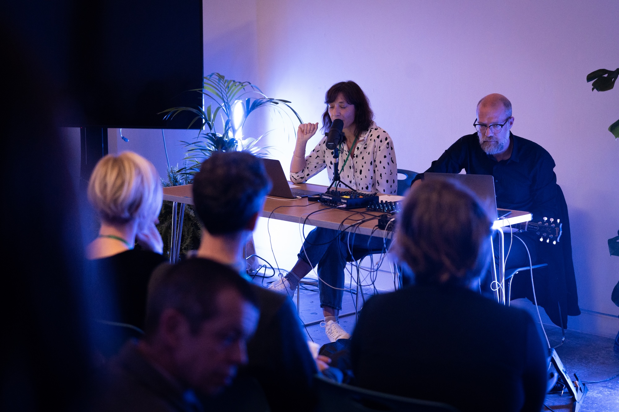 Two performers creating a spatial soundscape of the future. One speaks into a microphone while the other plays guitar and field recordings